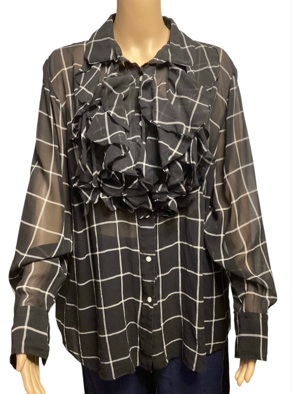 Vintage Lauren Ralph Lauren Silk Ruffle Blouse Plaid Windowpane‎ Sheer Black 2X
